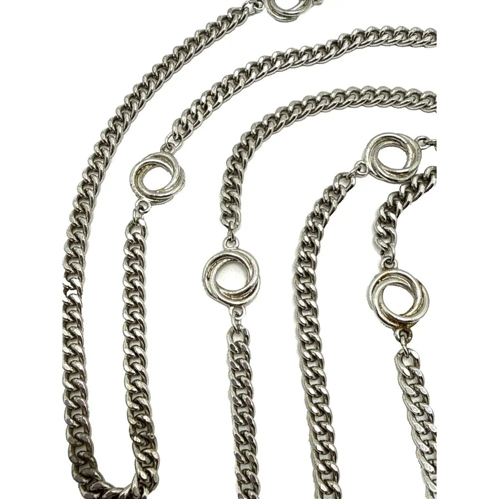 Vintage 70s MONET Silver Tone Station Chain Necklace Double Ring Long Curb 55”